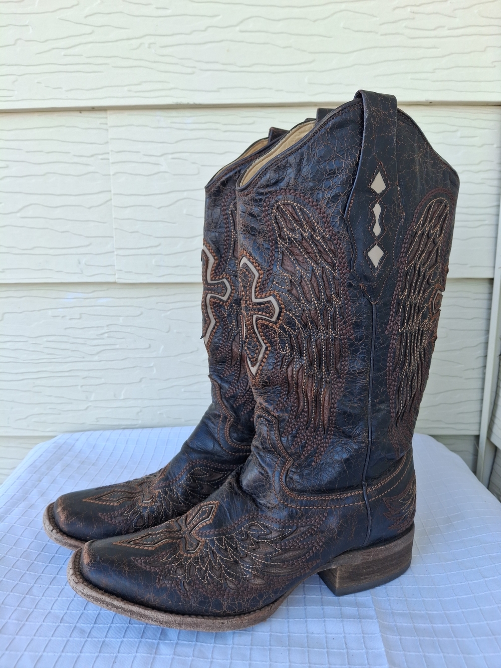 Corral Boots Crucifix Cross Wings Size 7.5M Square Toe Western Cowboy